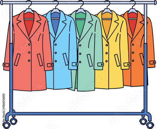 Colorful coats hanging on clothing rack illustration showcasing modern fashion display, retail apparel collection, wardrobe organization, and stylish outerwear design