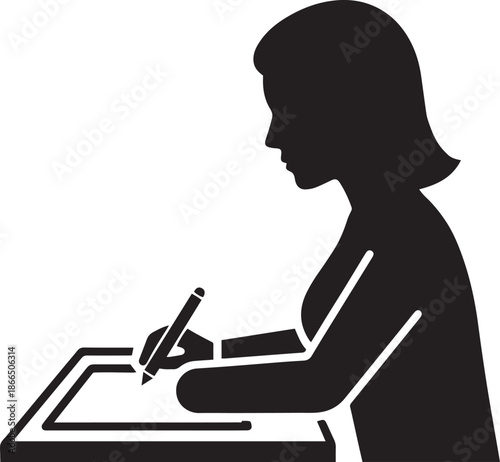 Silhouette of a woman working on a laptop in office