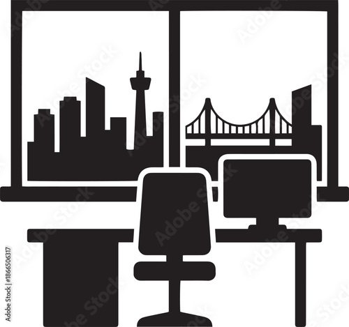 Modern city skyline silhouette with reflection