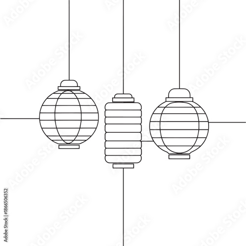 Minimalist line drawing of three hanging lanterns with geometric shapes.