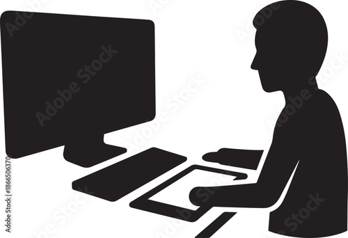 Man working on laptop silhouette in office