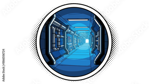 Futuristic sci-fi space station corridor with blue tones in comic style