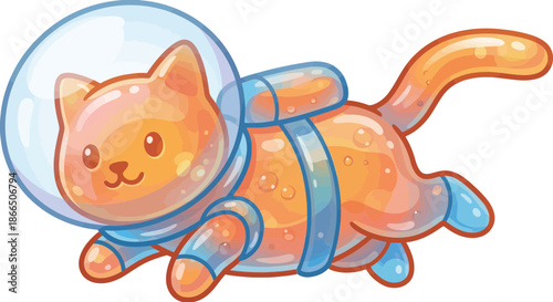 Whimsical orange jelly cat character floating playfully in an astronaut suit and clear bubble helmet, embodying cute space adventure and celestial charm