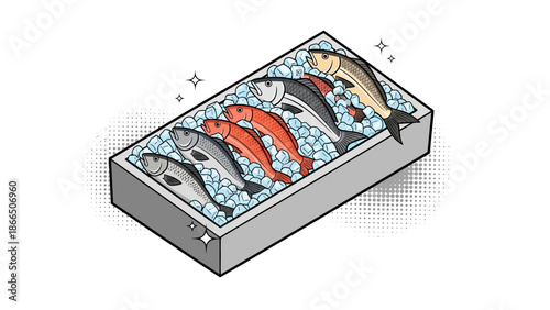 Fresh fish selection on crushed ice in a box with sparkles in retro comic style