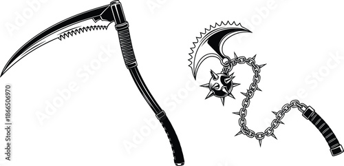Fantasy scythe weapon illustrations featuring grim reaper blade and chained spiked sickle designs in detailed black and white vector art