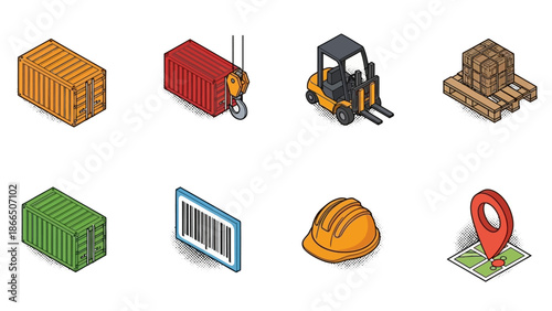 Isometric logistics icons featuring containers, forklift, hard hat, and map pin