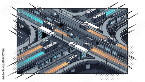 Futuristic isometric cityscape with busy roads and public transport
