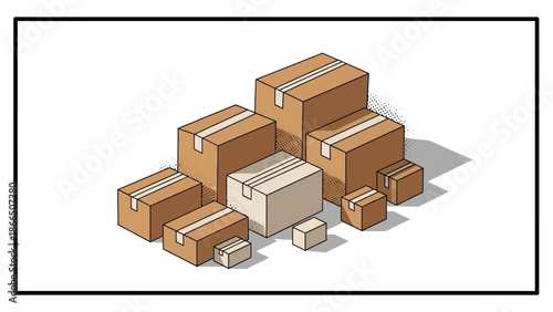 Isometric cardboard boxes on white background with shadow and texture
