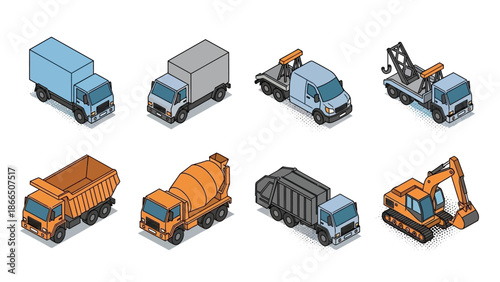 Isometric construction vehicles set: trucks, excavators, and cranes
