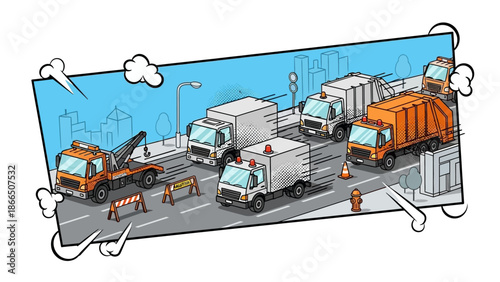 Cartoon style city street with various service trucks and roadworks