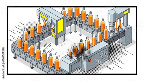 Automated beverage production line with isometric perspective and vibrant colors