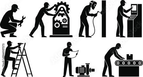 Industrial Worker Silhouette Set Featuring Welding, Machinery, Maintenance, and Engineering Tasks in Factory and Technical Environment