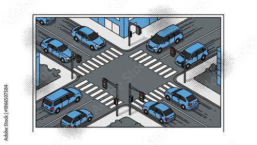 Isometric urban city intersection with blue cars and traffic lights