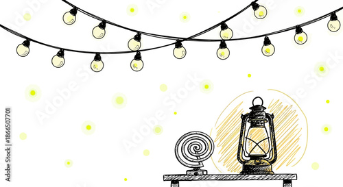 Illustration of Lantern and Lights on Table.