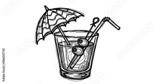 Cocktail Glass with Umbrella and Straws Illustration.