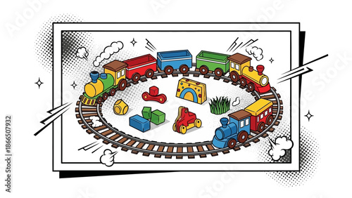 Colorful toy train set on track in dynamic comic style frame