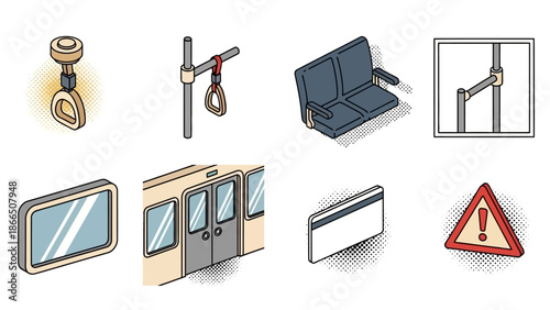 Isometric public transport elements with halftone effects in soft colors