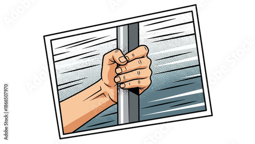 Comic style hand gripping metal bar with motion lines for dynamic effect