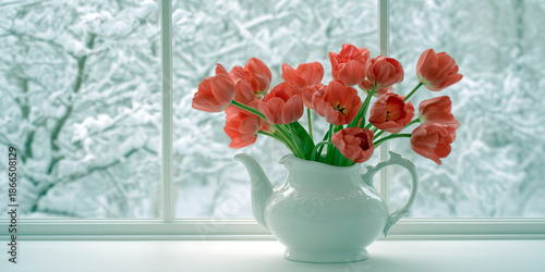 Red tulips in a white ceramic teapot vase on a windowsill with a snowy winter landscape outside the window