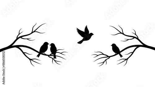 Bird and Branch Silhouette Vector Illustration with Flight and Perching Poses for Nature Decor, Symbolic Art, and Minimalist Wildlife Design