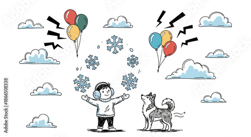 Boy and Dog Releasing Balloons into Sky.