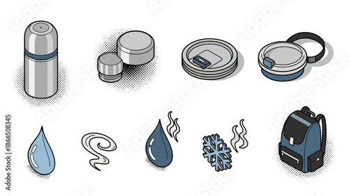 Isometric travel essentials set: thermos, containers, and backpack with functional icons