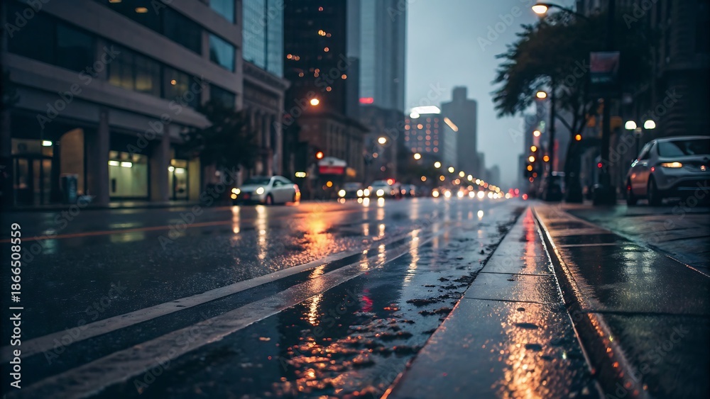 Fototapeta premium A rainy city street at dusk with cars and tall buildings