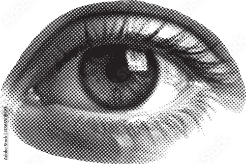 A captivating monochromatic eye with a distinct stippled texture creating an intense gaze