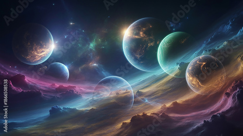 Exotic alien planets orbit through colorful glowing gas clouds creating surreal cosmic landscape with multiple worlds in vibrant interstellar medium illustration
