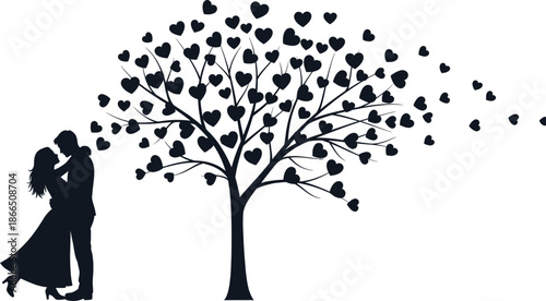 Black silhouette of a romantic couple kissing under a tree with heart shaped leaves