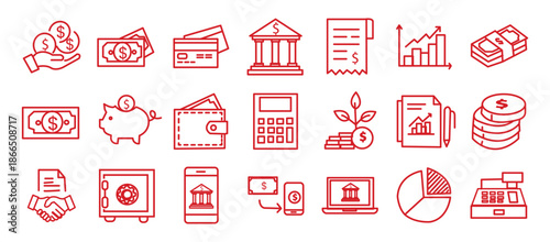 Finance line icon set. Vector pictograms of money, wallet, banking tools, currency symbols, investment chart, financial services, piggy bank, dollar thin linear illustration