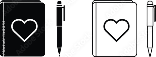 Notebook and pen silhouettes with heart icon representing love journal, diary writing, stationery set, minimalist black and white vector illustration