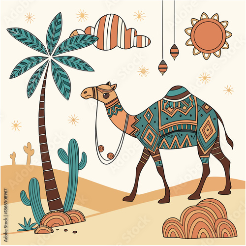 Illustrated desert scene featuring a beautifully decorated walking dromedary camel alongside a tall palm tree and stylized cacti under a bright sun.