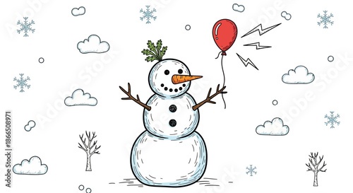 Snowman with Carrot Nose and Red Balloon.