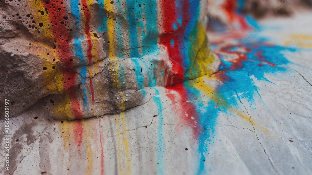 Fototapeta premium Colorful paint drips on rough concrete surface with cracks