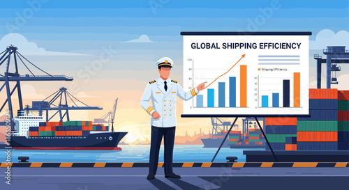 Captain presenting global shipping efficiency data with bar graph.