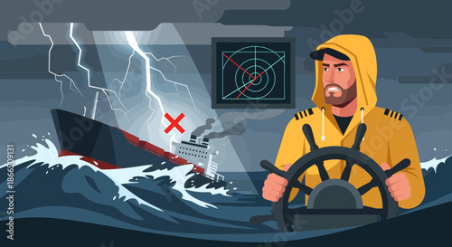 Determined Captain Navigating Ship Through Stormy Seas with Lightning.