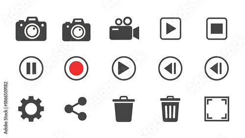 Modern set of multimedia control and camera icons featuring a minimalist flat vector design for web and mobile applications isolated on white background