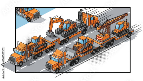 Comic style heavy trucks and construction vehicles on highway