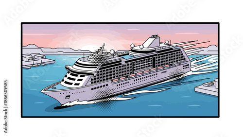 Cruise ship sailing at sunset in pop art style