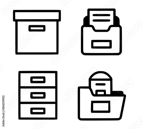 4 archive illustration icons, outline, transparent background