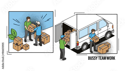 Efficient delivery team loading boxes in isometric style