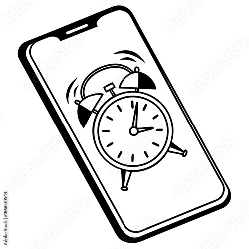 Title: A black and white of an alarm clock displayed on a smartphone screen with sound waves