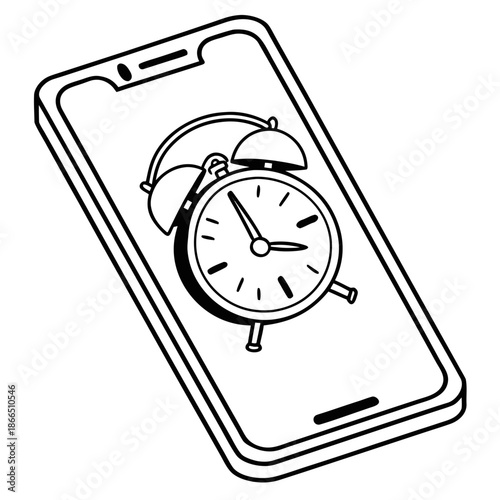 Title: A black and white of an alarm clock displayed on a smartphone screen with sound waves