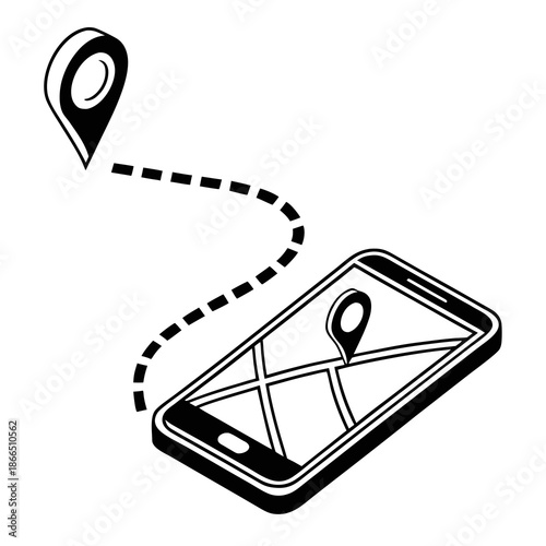 Title: A smartphone with a screen displaying a location pin and a dashed line connecting to