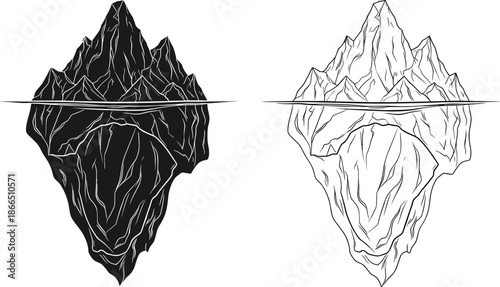 Iceberg silhouette illustration showing visible mountain above water and hidden underwater mass concept in black and white minimalist vector style