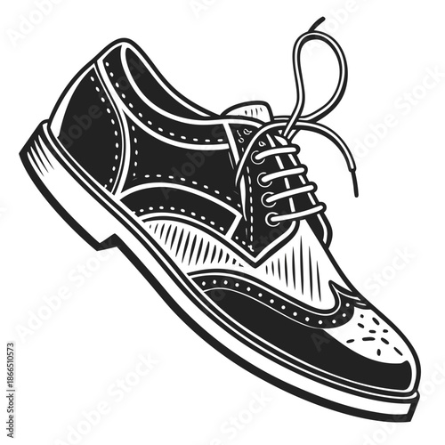 Title: Black and white of a lace-up shoe with a bow detail and dotted pattern on the sole