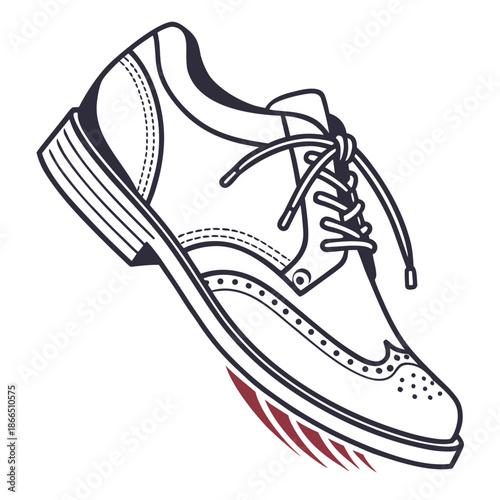 Title: Black and white athletic shoe with red accents and detailed stitching in a side view
