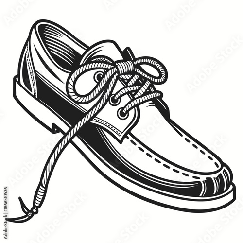Title: Black and white of a sneaker with a textured surface and detailed laces leather