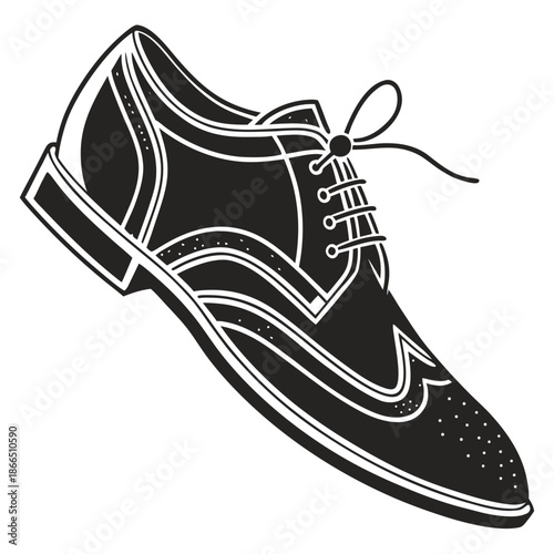 Title: Black and white of a lace-up shoe with a bow detail and geometric pattern on the sole